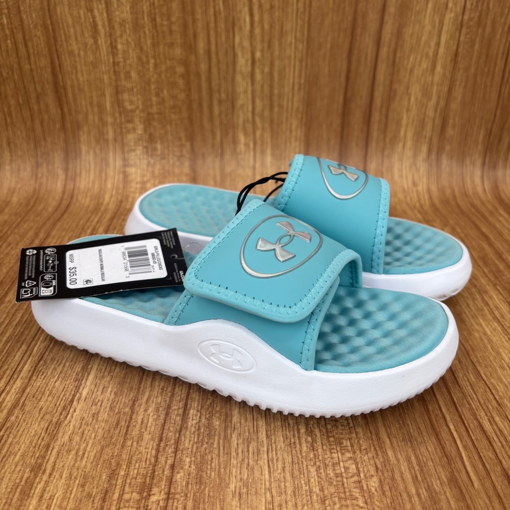 Under‎ Armour Ignite Pro 8 Girls Size 2Y Blue White Adjustable Slide Sandals NEW